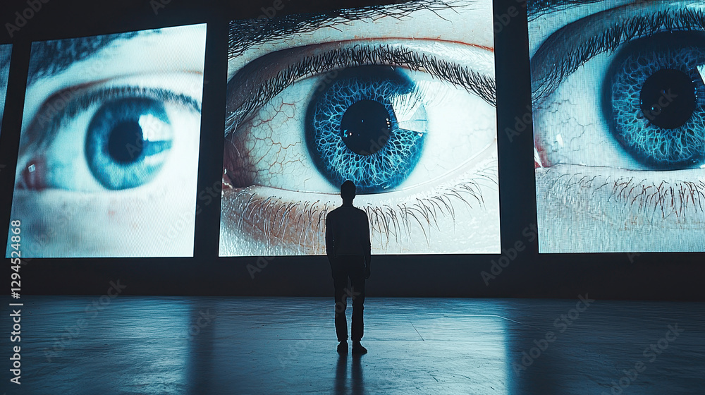 Poster man in futuristic plaza confronts unsettling ai eyes that glitch between human and robotic forms, cr