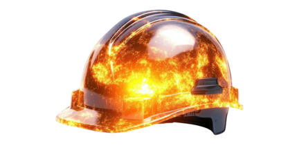 Fiery firefighter helmet, dramatic closeup of flames engulfing protective gear 