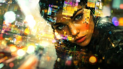 Futuristic Portrait of a Young Woman in a Digital Landscape