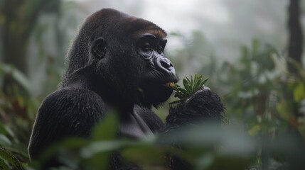 Naklejka premium Majestic Gorilla in Misty Rainforest Eating Plants