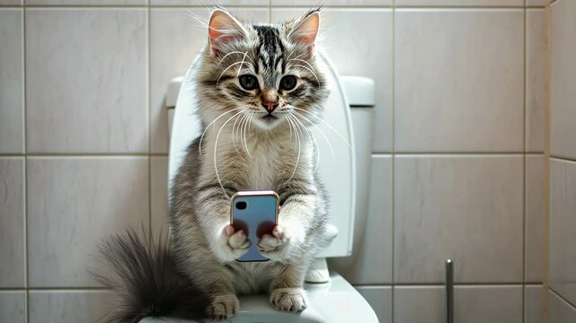A funny cat sitting on a toilet, holding a smartphone like a human. A humorous depiction of modern digital habits and pet personality