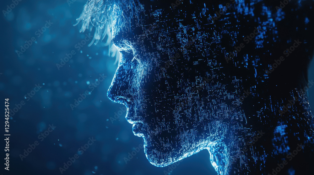 Poster massive swarm of nanobots shapes a humanoid figure with glitch effects, exploring artificial intelli