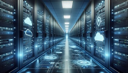Fototapeta premium State-of-the-art data center with advanced cloud computing technology and secure server racks.