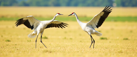 Fototapeta premium Cranes calling to each other in open field at midday, nature duet