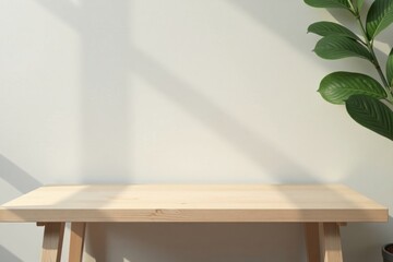 Fototapeta premium Simple Wooden Table with Sunlight and Greenery A Minimalist Mockup Scene