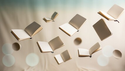 An artistic arrangement of open and closed notebooks floating against a soft bokeh-enhanced gradient backdrop, symbolizing creativity, inspiration, and the flow of ideas