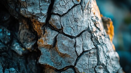 A close-up of a tree bark showcasing intricate, cracked patterns with a warm, golden light casting soft shadows, evoking a sense of nature&rsquo;s resilience.