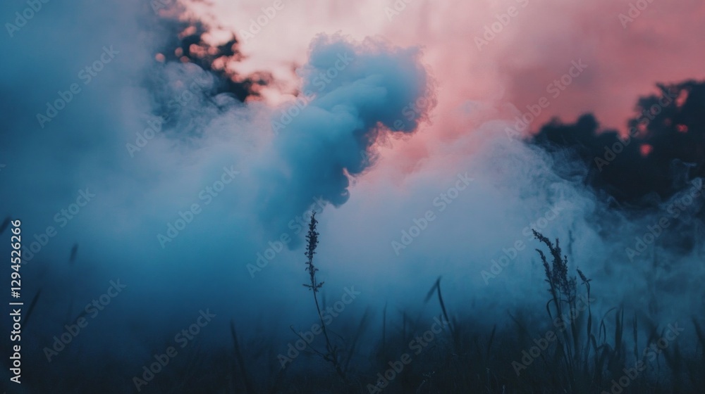 Aufkleber soft tendrils of vapor curl and twist through the tall grass, as the setting sun casts a warm glow. 