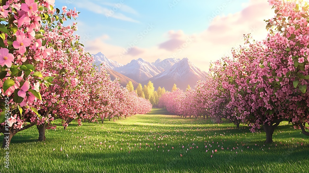 Poster a panoramic view of an orchard with rows of apple trees in full bloom