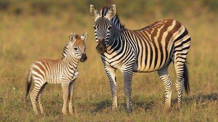 Naklejka premium Freshly Born Zebra Foal Standing Beside Its Striped Mother, Bold Patterns in the Sunlight