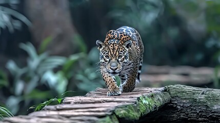 Naklejka premium Majestic Jaguar Walking on Log Dusk Rainforest Scene Wildlife Photography