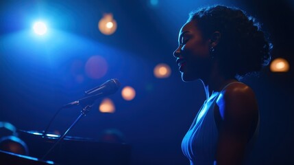 A dynamic shot of a jazz singer performing on stage, the stage bathed in cool blue lighting while warm amber highlights accentuate the audience, evoking the energy and soul of live jazz 