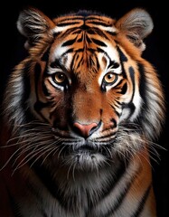 Fototapeta premium In this captivating close-up, the tiger mesmerizing amber eyes and meticulously rendered fur are highlighted by its powerful, intense stare against a deep, dark backdrop.