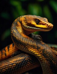 Fototapeta premium A striking close-up of a snake with intricate golden and black scales, coiled gracefully in a lush, green jungle environment.