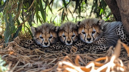 Obraz premium Newborn Cheetah Cubs Resting Under Shade, Camouflaged Amidst the Savanna Grass