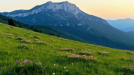 Obraz premium Sunrise Mountain Meadow Wildflowers Peaks Nature Landscape Photography