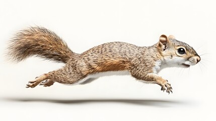 Squirrel in Motion Captured Mid-Leap Against White Background
