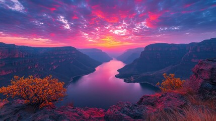 Canyon lake sunset vista; vibrant sky, autumn foliage