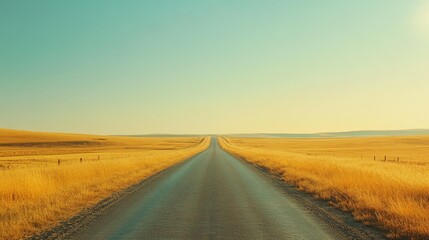Naklejka premium A long, empty road stretches into the distant horizon beneath a clear blue sky, flanked by golden fields, evoking freedom and endless possibilities.