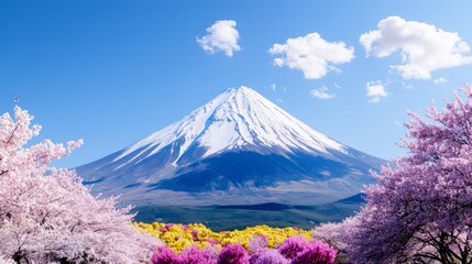 Majestic Snow Capped Mountain Peak with Spring Blossoms