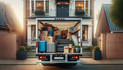 A moving truck full of household goods is parked in front of a house, ready to be moved.