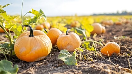 Obraz premium A pumpkin patch with ripe pumpkins ready for harvest