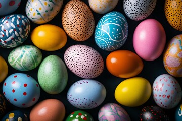 Colorful Easter eggs with various patterns on a dark background, perfect for festive and spring-themed designs.