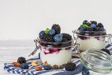 Yogurt parfait with blackberry, blueberry, granola, nuts and berry sauce in glass jars, garnished...