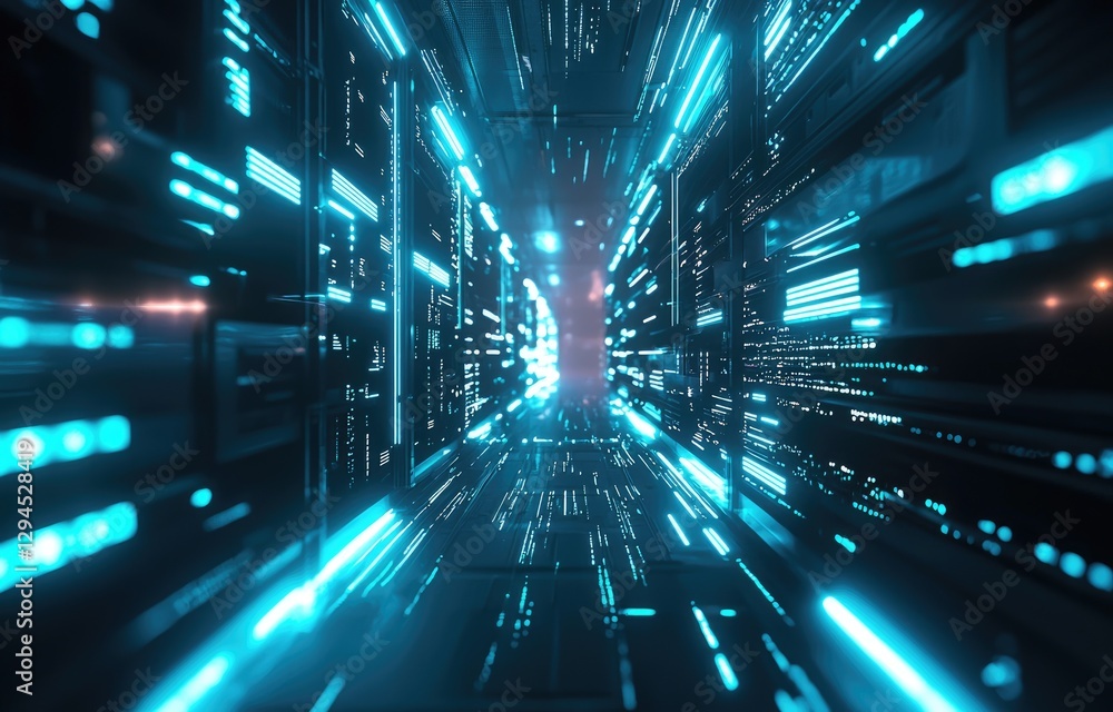 Poster a futuristic data center with glowing blue lights and high-speed digital connections, symbolizing cl