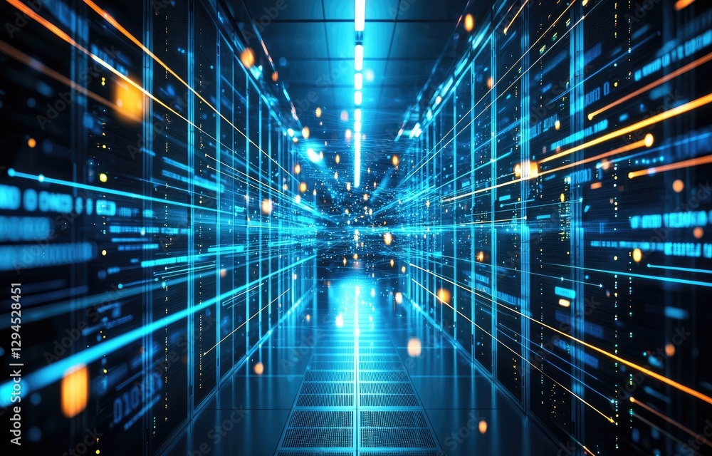 Poster a futuristic data center with glowing blue and orange lights, symbolizing cloud computing, cybersecu