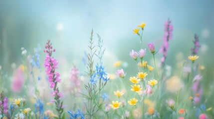 Fototapeta premium A soft-focus meadow filled with colorful wildflowers creates a dreamy, ethereal scene evoking peace and natural beauty.