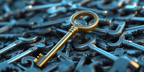 A golden key stands upright among silver keys, symbolizing leadership, innovation and unique problem-solving. Bold and inspiring, it's ideal for ads, business, or content on leadership and innovation.