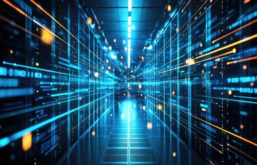 A futuristic data center with glowing blue and orange lights, symbolizing cloud computing, cybersecurity, and networking. Ideal for technology and AI themes