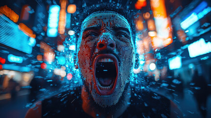 Screaming in terror as reality shatters into pixelated chaos in a cyber-dystopian world filled with neon lights and unsettling vibes