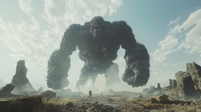 Ancient golems awaken to battle in a desolate landscape, magical shockwaves wreaking havoc on human settlements