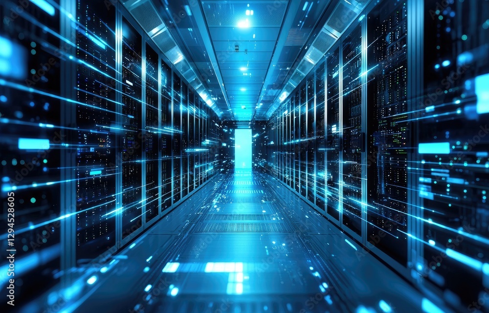 Poster A futuristic data center with glowing blue lights and high-tech servers, symbolizing cloud computing, cybersecurity, and networking. Ideal for technology, big data and AI themes