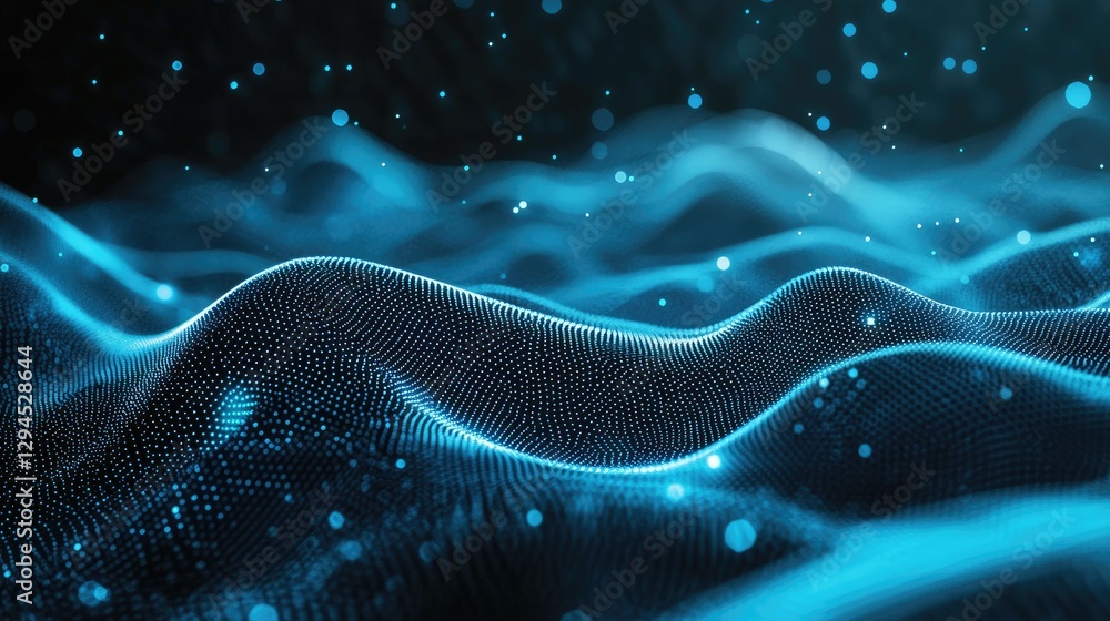 Poster A futuristic abstract background with glowing blue digital waves composed of dots and particles, creating depth and motion. Perfect for AI, technology, and innovation themes