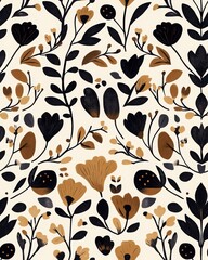 Black and Gold Stylized Floral Pattern on Off White Background