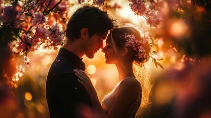 In a serene setting, a couple holds each other close beneath a flowering tree, basking in the soft glow of sunset. Their intimate moment captures the essence of love and connection