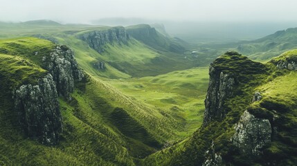 Majestic green valleys stretch under a mystical fog, with rocky outcrops punctuating the landscape, inviting exploration and wonder.