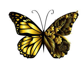Golden butterfly with golden flowers. hand drawing. Not AI. Vector illustration.