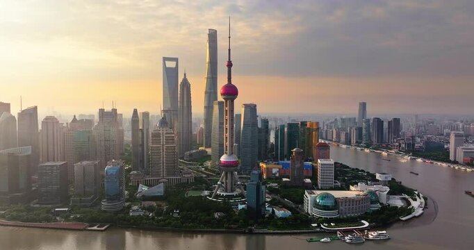 Aerial view of the stunning Shanghai skyline with the commercial buildings at sunset