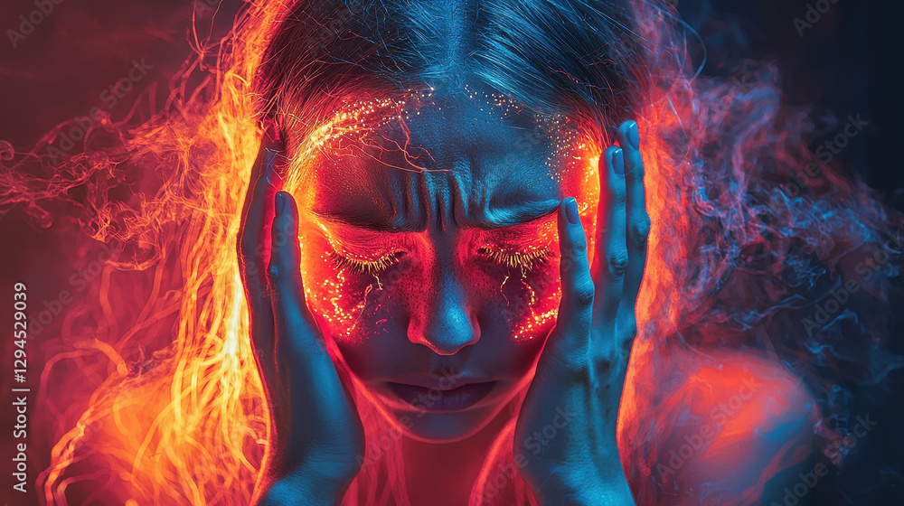Poster overwhelming thoughts visualized through glitching noise patterns in a dark neon atmosphere