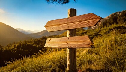 A rustic wooden signpost with two directional arrows stands on a scenic mountain path, bathed in warm golden sunlight with distant peaks.