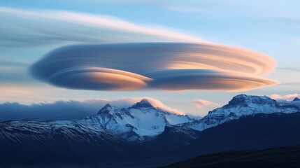 Ethereal lenticular clouds hover over snow-capped mountains at sunrise, casting a mystical glow across the rugged landscape.