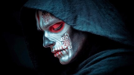 Mysterious Hooded Figure with Skull Makeup  Dark Art  Halloween  Fantasy Portrait