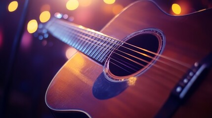 Naklejka premium Close-up of an acoustic guitar with rich, warm lighting, highlighting the strings and wooden texture.