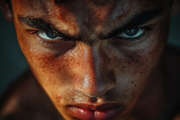 Naklejka premium Close-up portrait of a determined man with intense gaze, sweat, and freckles.