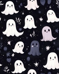 Cute Ghost Pattern Playful Halloween Illustration with Stars and Leaves