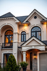 Obraz premium Luxury House Exterior at Dusk: Elegant Home Design and Architecture. Real Estate Photography
